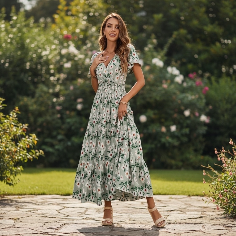 Women’s Floral Print V-Neck Maxi Dress